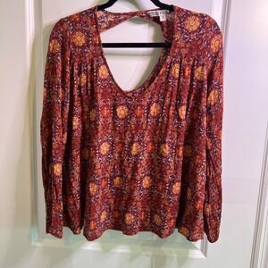 Gypsies and Moondust Floral‎ Print Long Sleeve Cutout Neck Top Size M